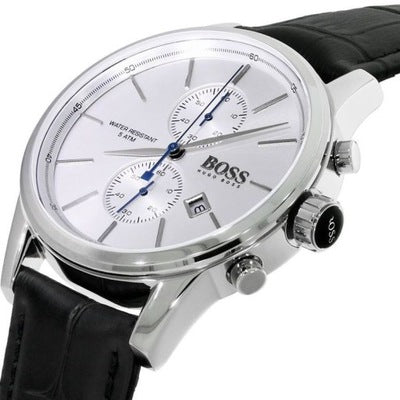 Hugo Boss Grand Prix chronograph watch angled view showing pushers and silver-tone case