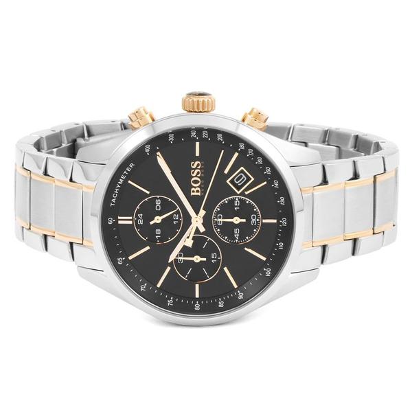 Hugo Boss Grand Prix chronograph angled view showing black dial with three subdials and mixed metal bracelet