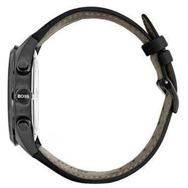 Hugo Boss Grand Prix watch side view showing black case and leather strap