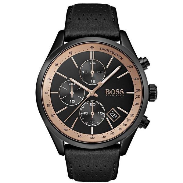 Hugo Boss Grand Prix chronograph watch with black dial and rose gold bezel
