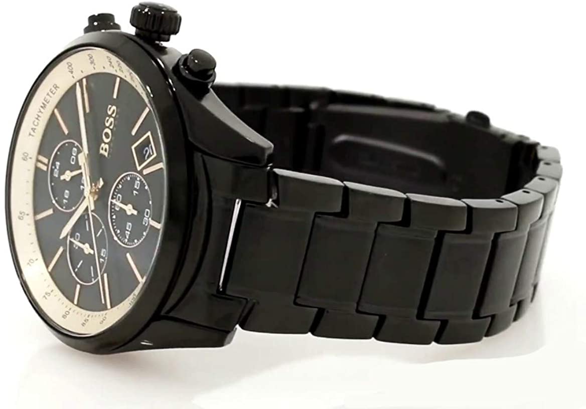 Hugo Boss Grand Prix angled view with chronograph subdials and black stainless steel bracelet