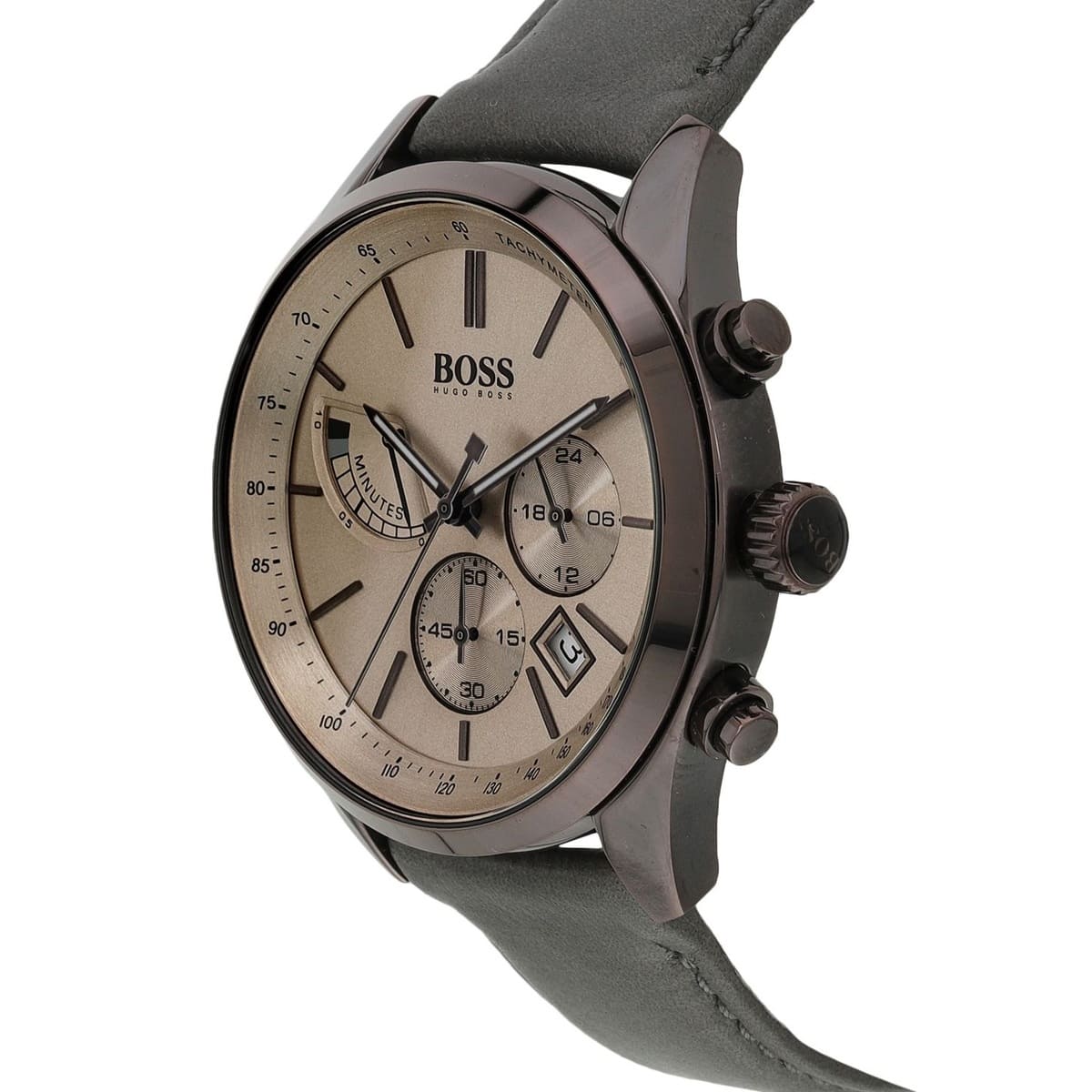 Hugo Boss Grand Prix watch side angle showing grey leather strap and chronograph pushers