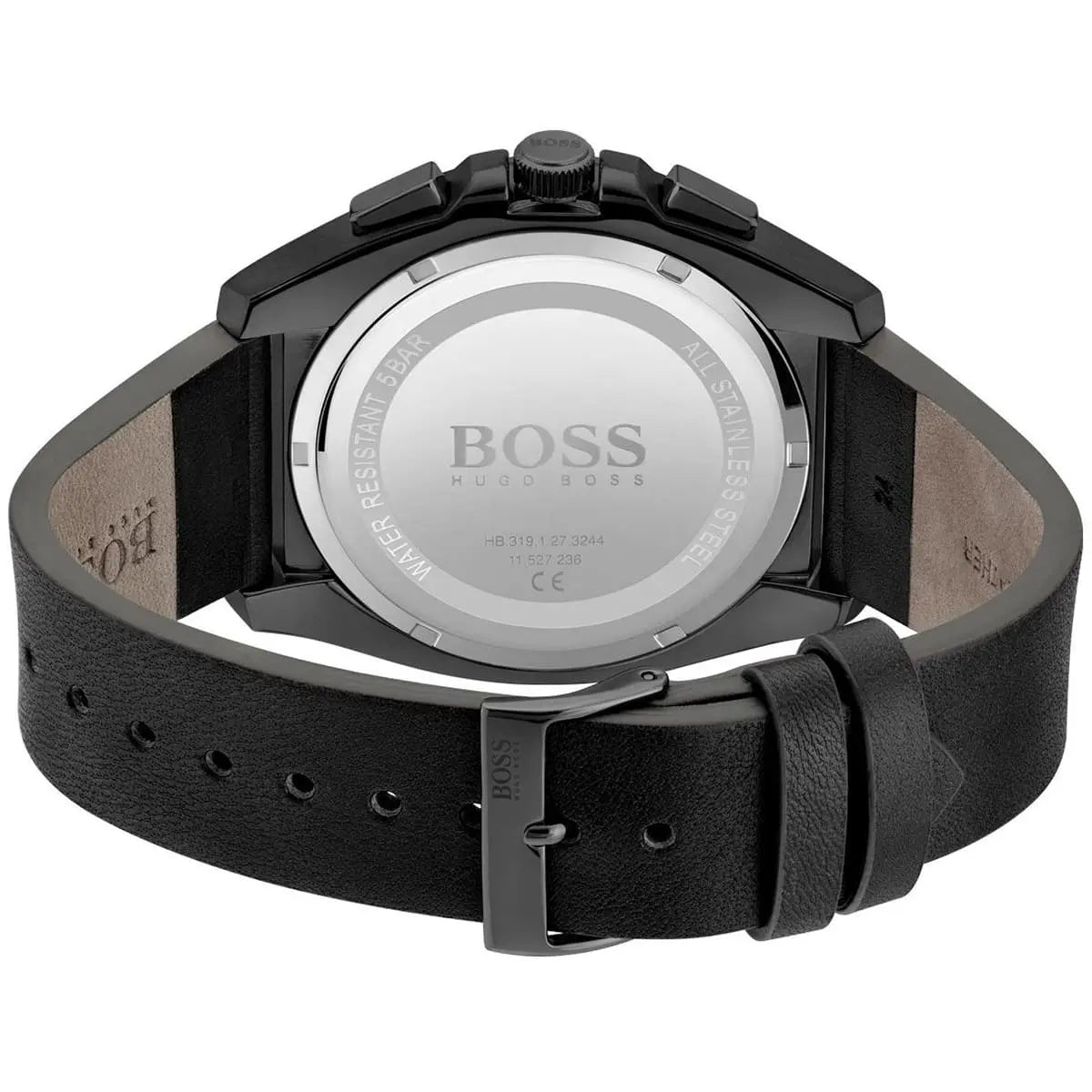 Back view of Hugo Boss Grandmaster watch showing case back with strap attached