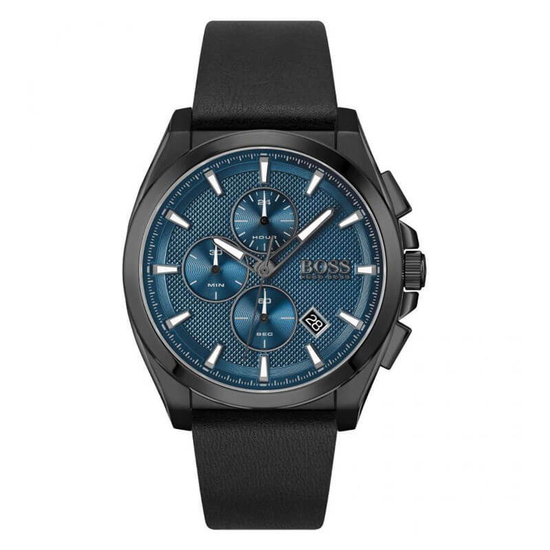 Hugo Boss Grandmaster men's watch with blue dial, black chronograph subdials, and black leather strap