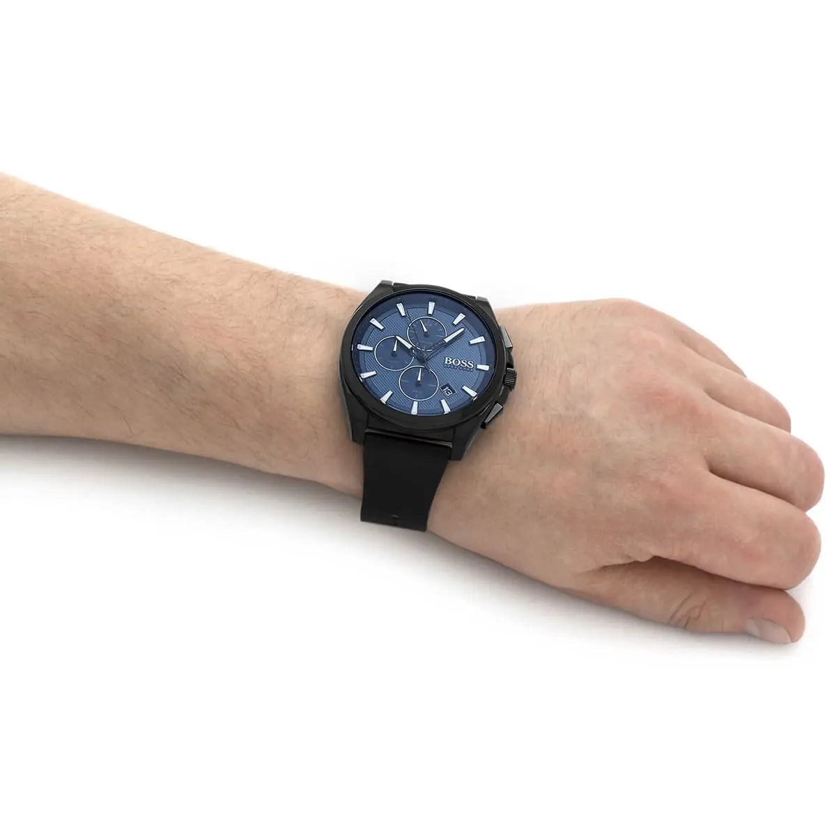 Hugo Boss Grandmaster chronograph watch worn on wrist with blue dial visible