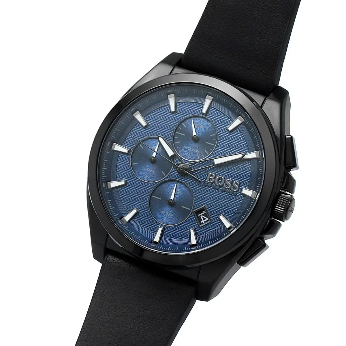 Hugo Boss Grandmaster chronograph watch with blue dial on black leather strap