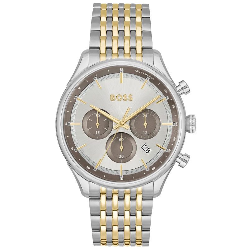 Hugo Boss Gregor chronograph men's watch with silver dial, brown subdials, and two-tone bracelet