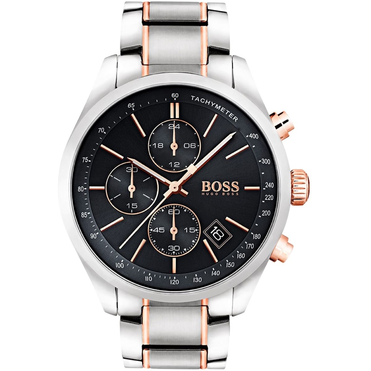 Hugo Boss Grand Prix HB1513473 chronograph watch with silver and rose gold case, black dial, and mixed metal bracelet