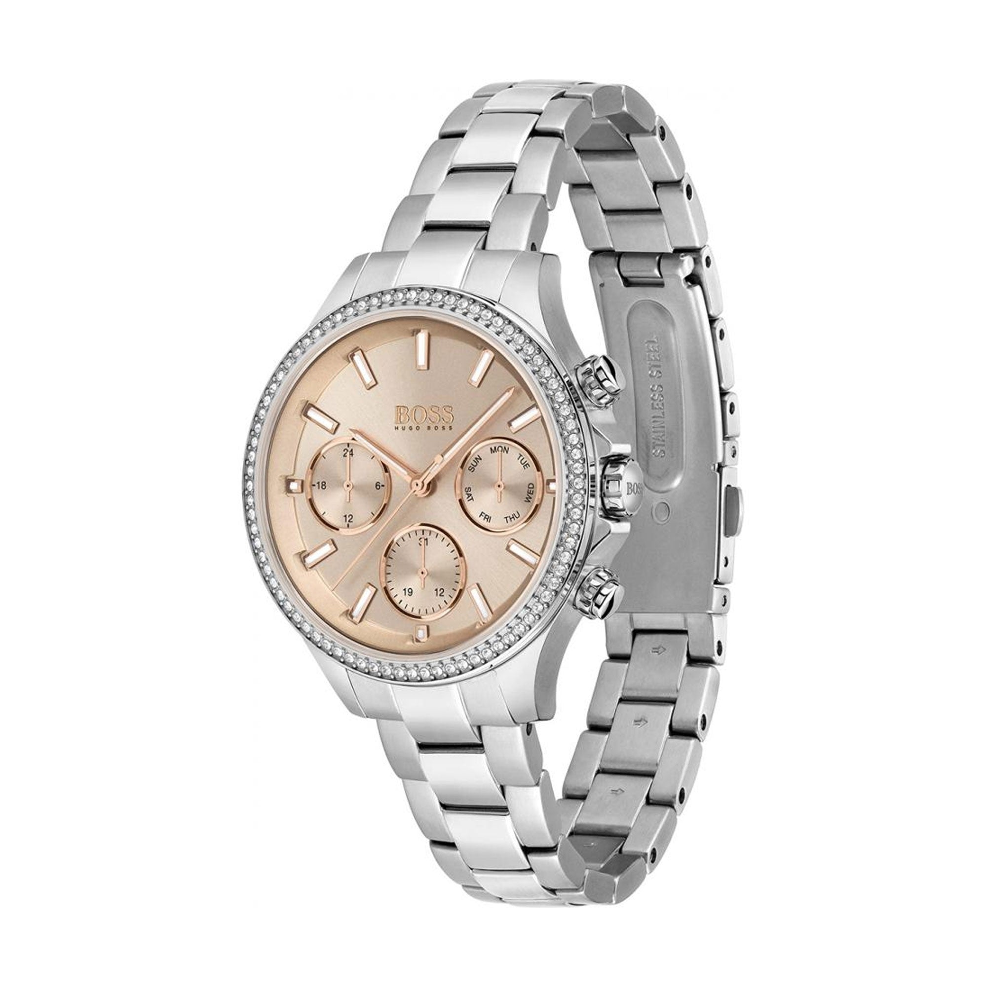 Hugo Boss Hera watch angled view showing stainless steel three-link bracelet and pink chronograph dial