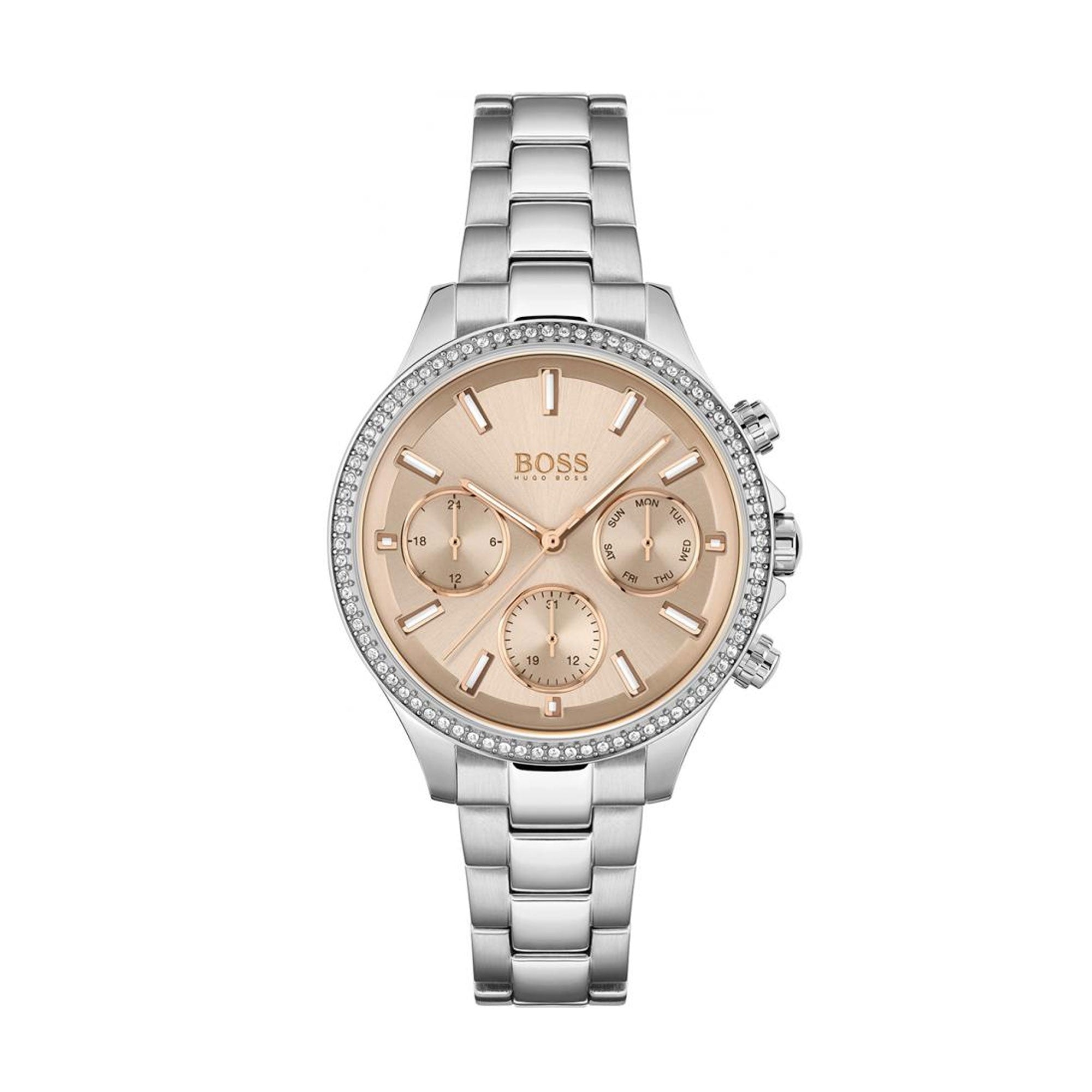 Hugo Boss Hera women's watch with pink dial, crystal bezel, chronograph subdials, stainless steel bracelet