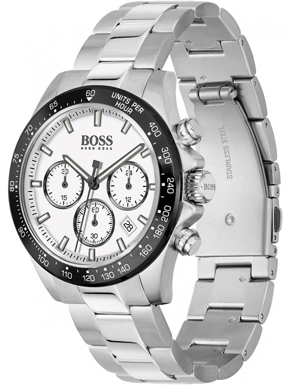 Hugo Boss Hero chronograph watch shown from front-angled view displaying stainless steel case and bracelet