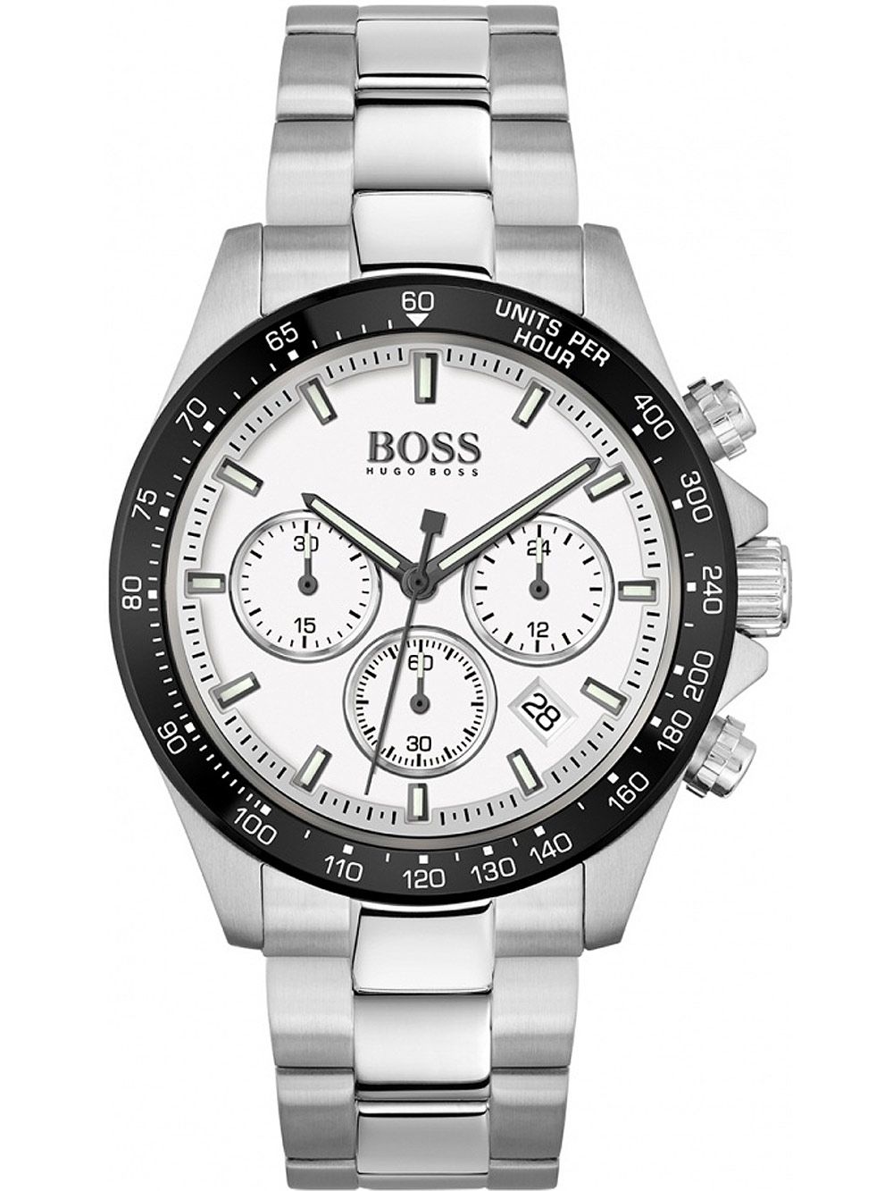 Hugo Boss Hero silver chronograph men's watch with white dial, three subdials, and black bezel