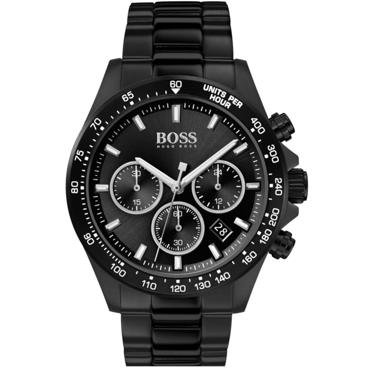 Hugo Boss Hero Sports black chronograph watch with three subdials and black bracelet