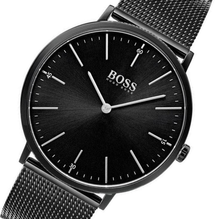 Hugo Boss Horizon black dial watch with white strap detail visible, close-up front view