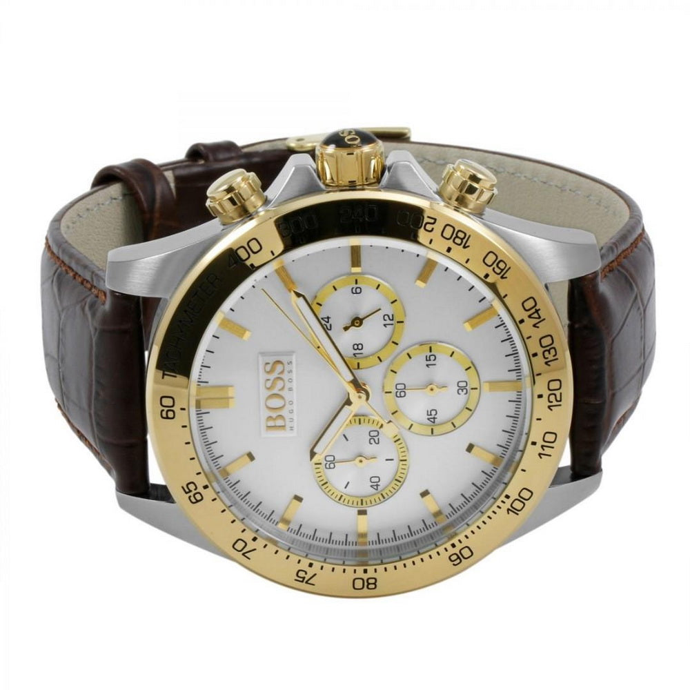 Hugo Boss Ikon chronograph watch angled view showing gold case and white dial with subdials
