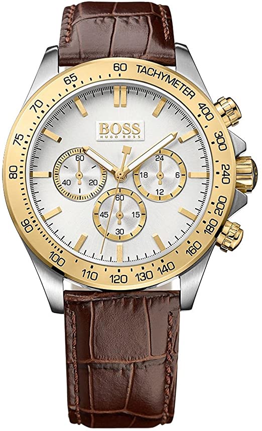 Hugo Boss Ikon chronograph white dial watch with two-tone case and brown leather strap