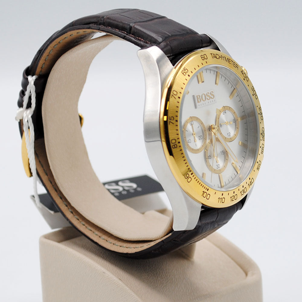 Hugo Boss Ikon chronograph watch side view displaying brown leather strap and case profile