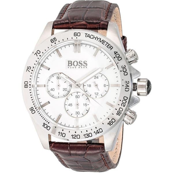 Hugo Boss Ikon chronograph watch with white dial and brown leather strap