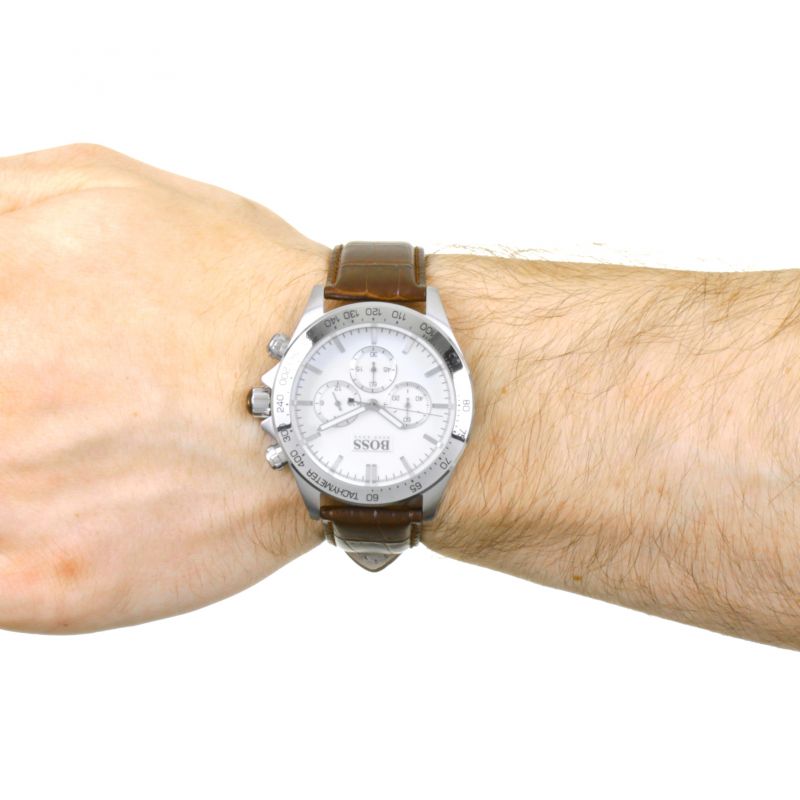 Hugo Boss Ikon chronograph white dial watch worn on wrist