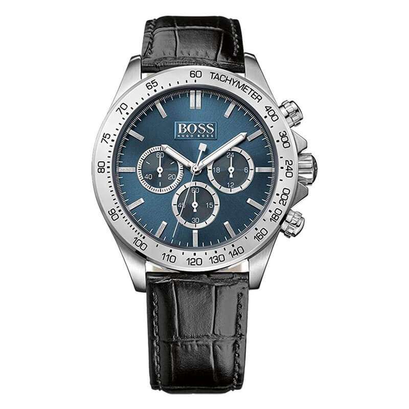 Hugo Boss Ikon blue dial chronograph watch with black leather strap and tachymeter bezel