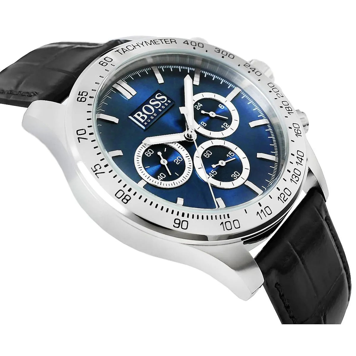 Side view of Hugo Boss Ikon watch displaying case profile and black crocodile-textured leather strap
