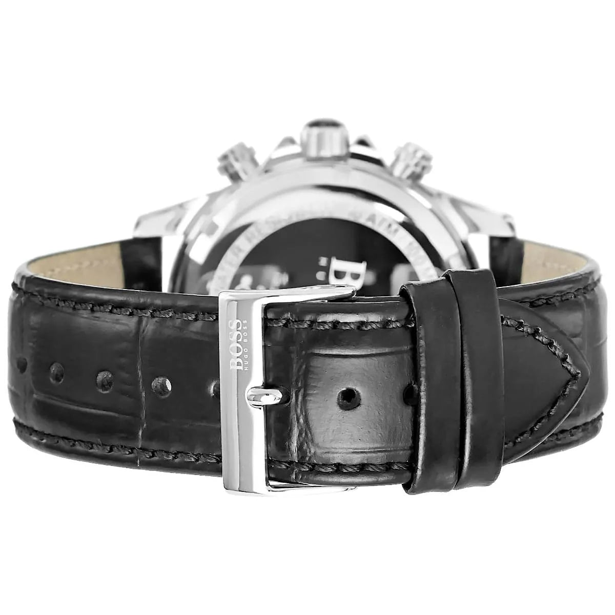 Close-up of Hugo Boss Ikon black leather strap with crocodile texture and stainless steel buckle