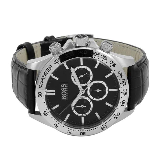 Hugo Boss Ikon chronograph watch displayed at an angle showing black leather strap and dial