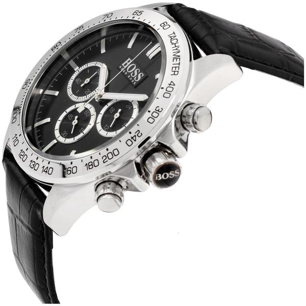 Hugo Boss Ikon chronograph watch shown from side profile with black leather strap