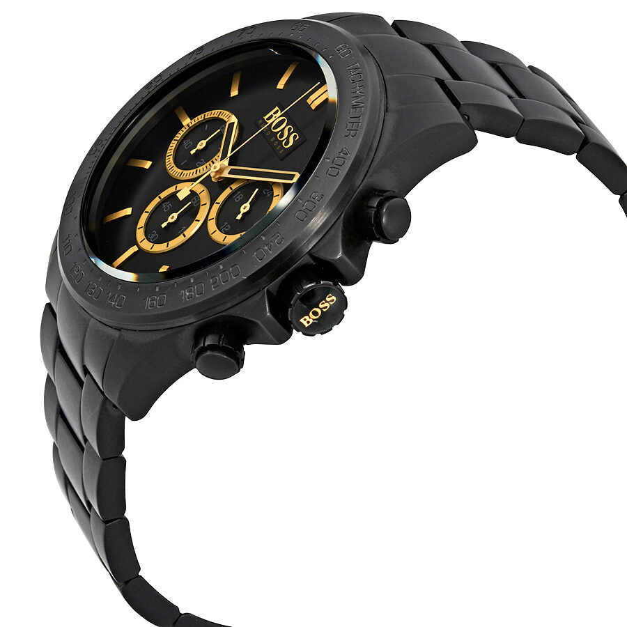 Hugo Boss Ikon chronograph watch on wrist angle view with black IP bracelet