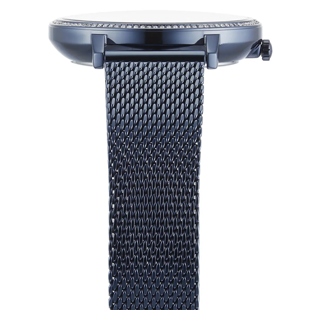 Hugo Boss Infinity watch top view displaying blue mesh bracelet and case edges