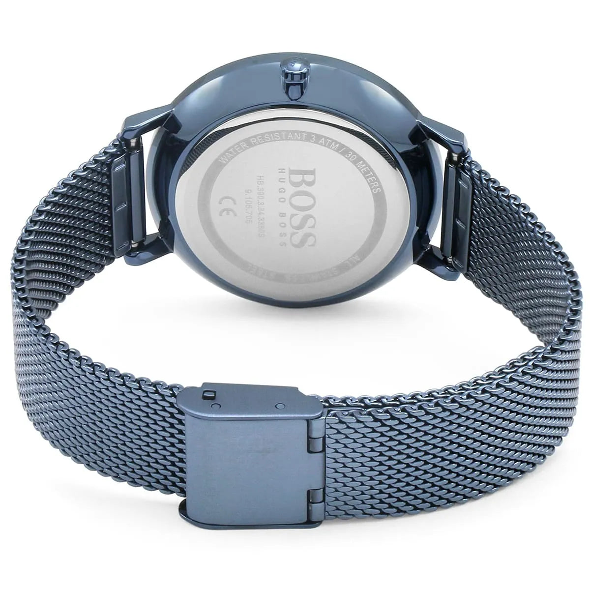Hugo Boss Infinity watch case back view with mesh bracelet and clasp visible