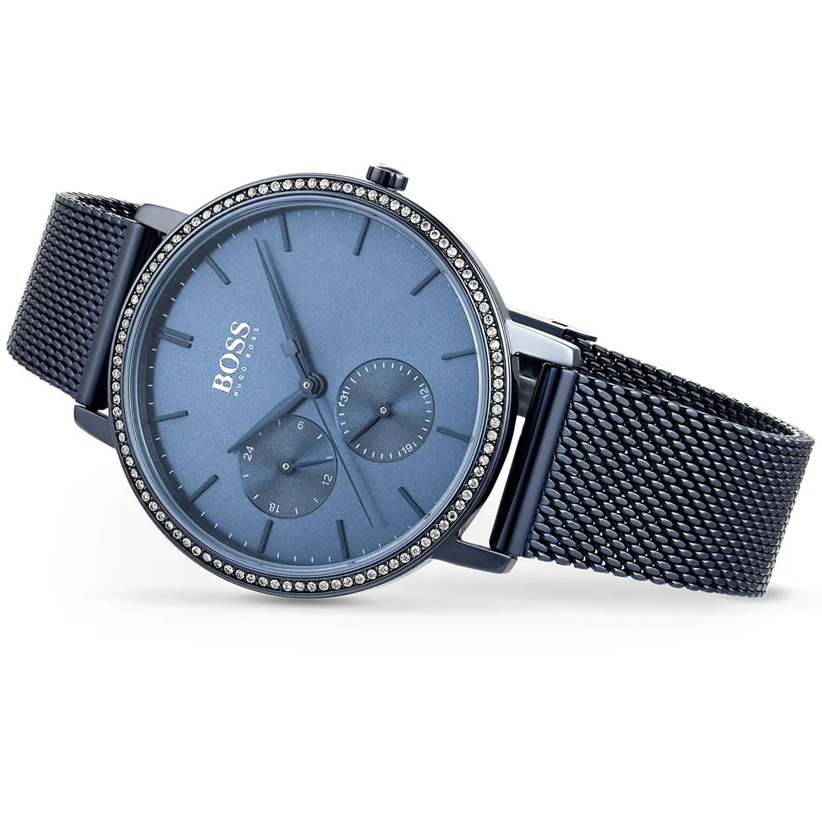 Hugo Boss Infinity 35mm blue dial women's watch with crystal bezel on mesh bracelet