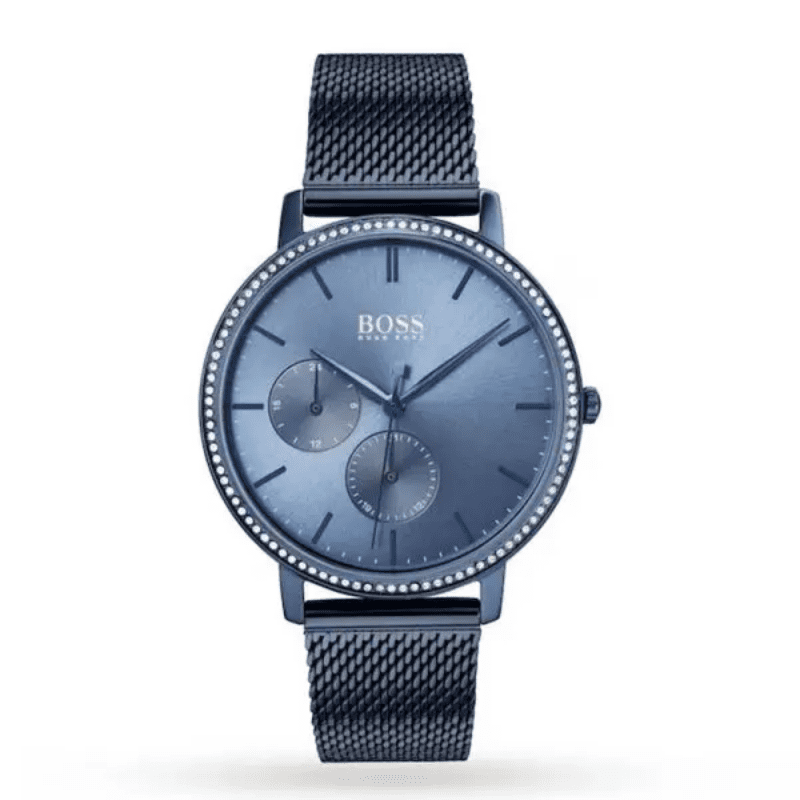Hugo Boss Infinity 35mm women's watch with blue dial and crystal-set bezel on blue mesh bracelet