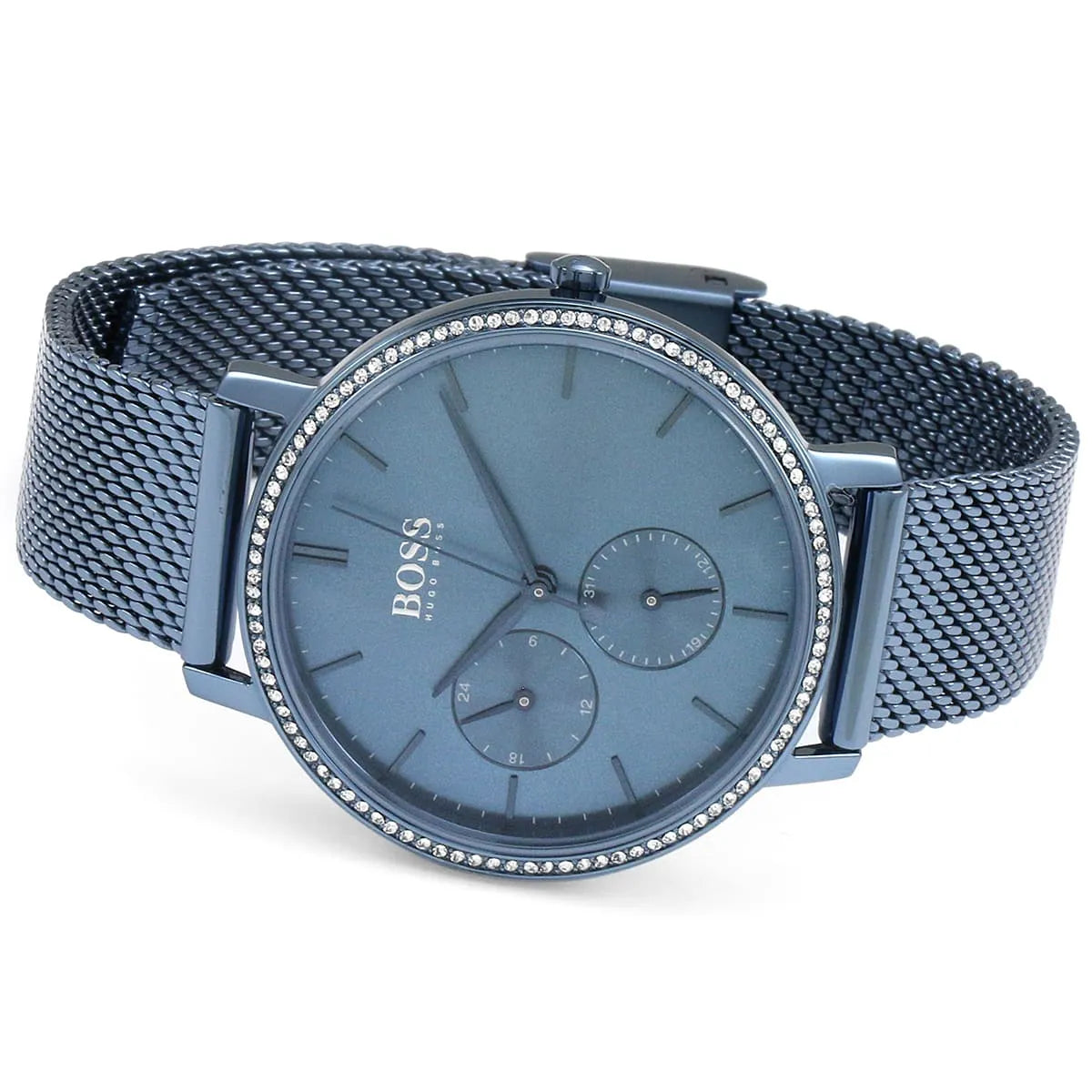 Hugo Boss Infinity women's watch on wrist showing blue dial and crystal bezel