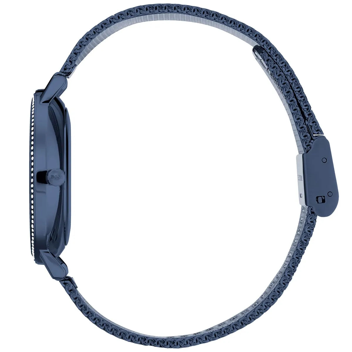 Hugo Boss Infinity watch side view showing case profile and mesh strap