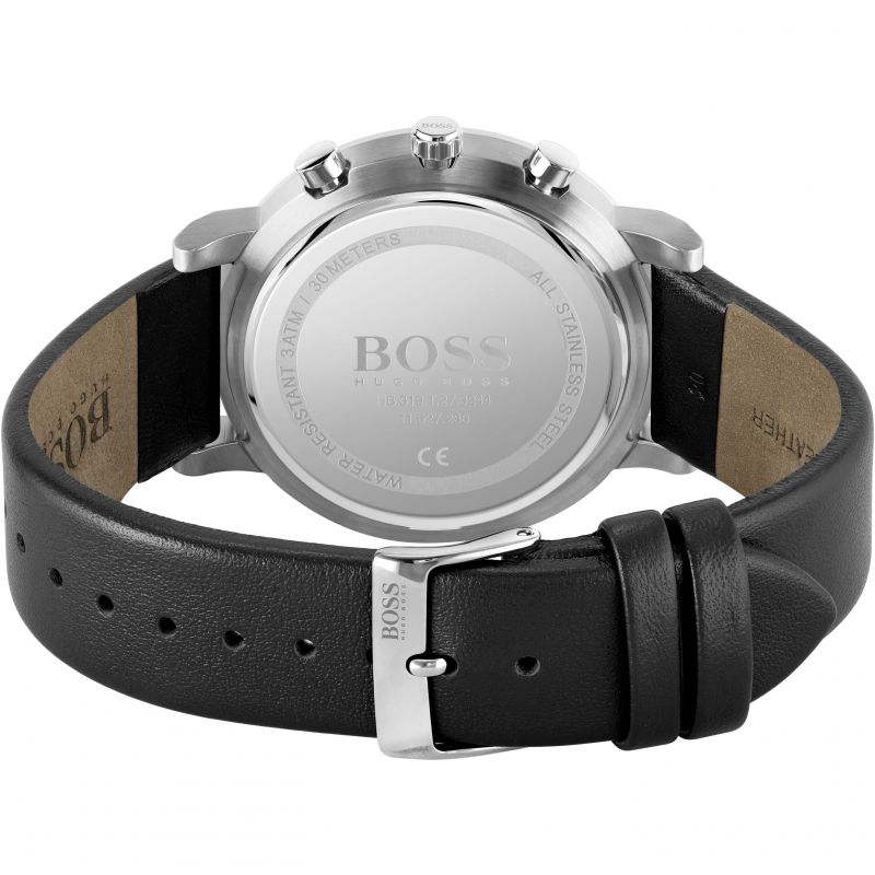 Hugo Boss Integrity caseback showing stainless steel back and black leather strap with buckle