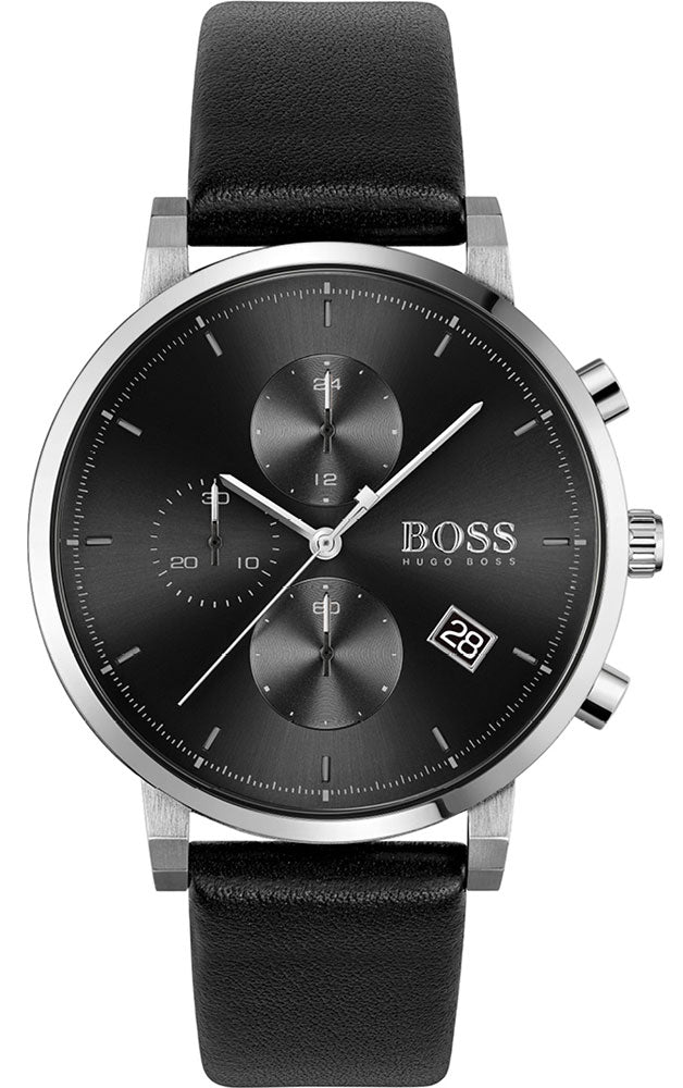 Hugo Boss Integrity chronograph watch with black dial, stainless steel case and black leather strap