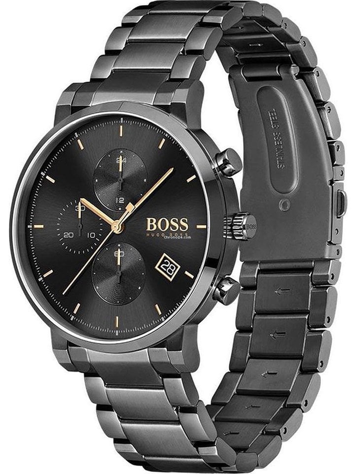 Hugo Boss Integrity watch shown at angle displaying black stainless steel bracelet