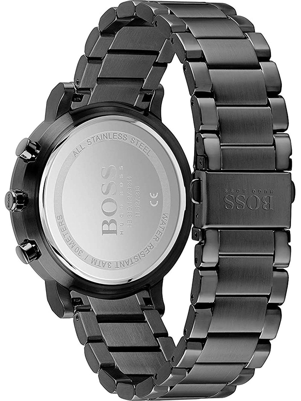 Back of Hugo Boss Integrity watch showing stainless steel caseback and bracelet