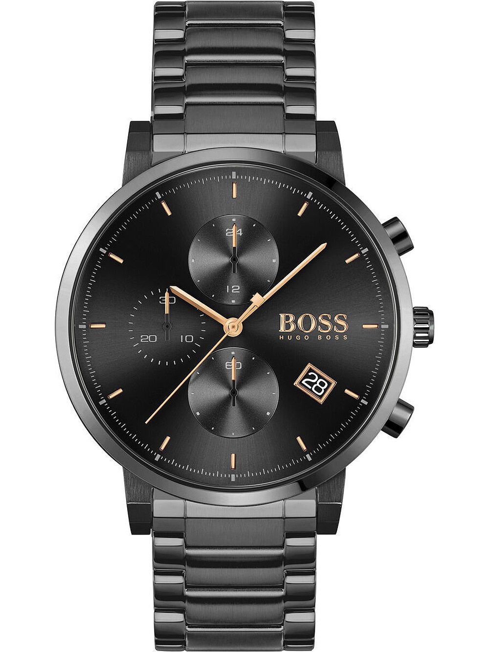 Hugo Boss Integrity black chronograph watch with gold-tone accents and date window