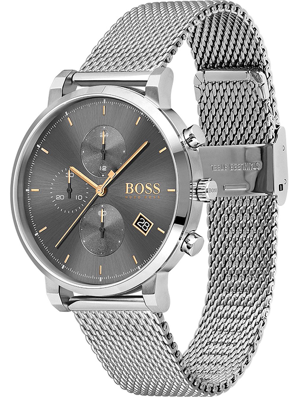 Hugo Boss Integrity chronograph watch at angle showing grey dial, rose gold accents, and mesh strap