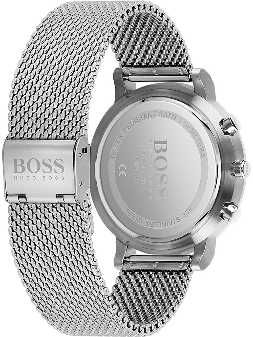 Hugo Boss Integrity watch caseback showing metal mesh strap and stainless steel case back