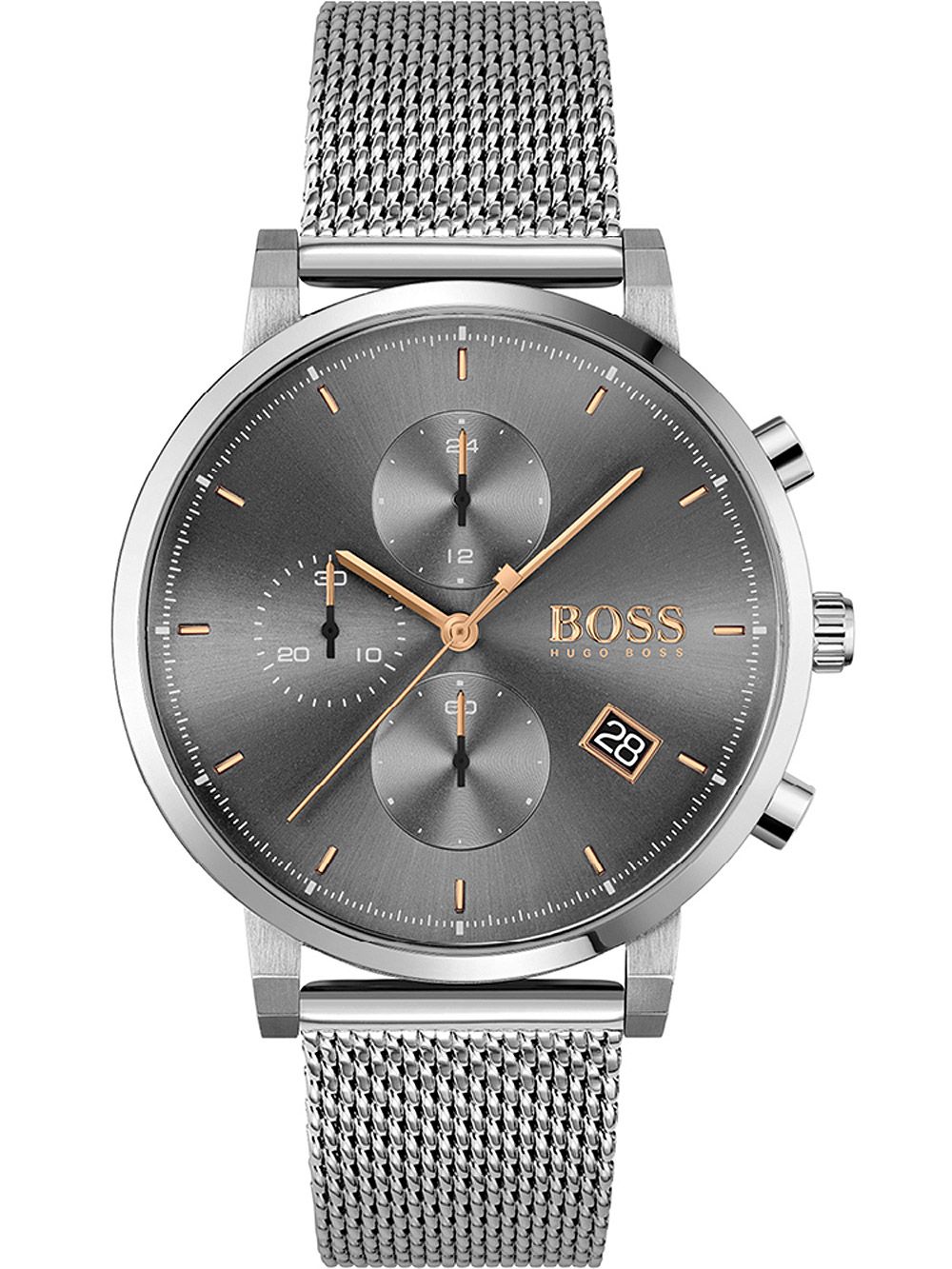 Hugo Boss Integrity grey chronograph men's watch with metal mesh strap and grey dial
