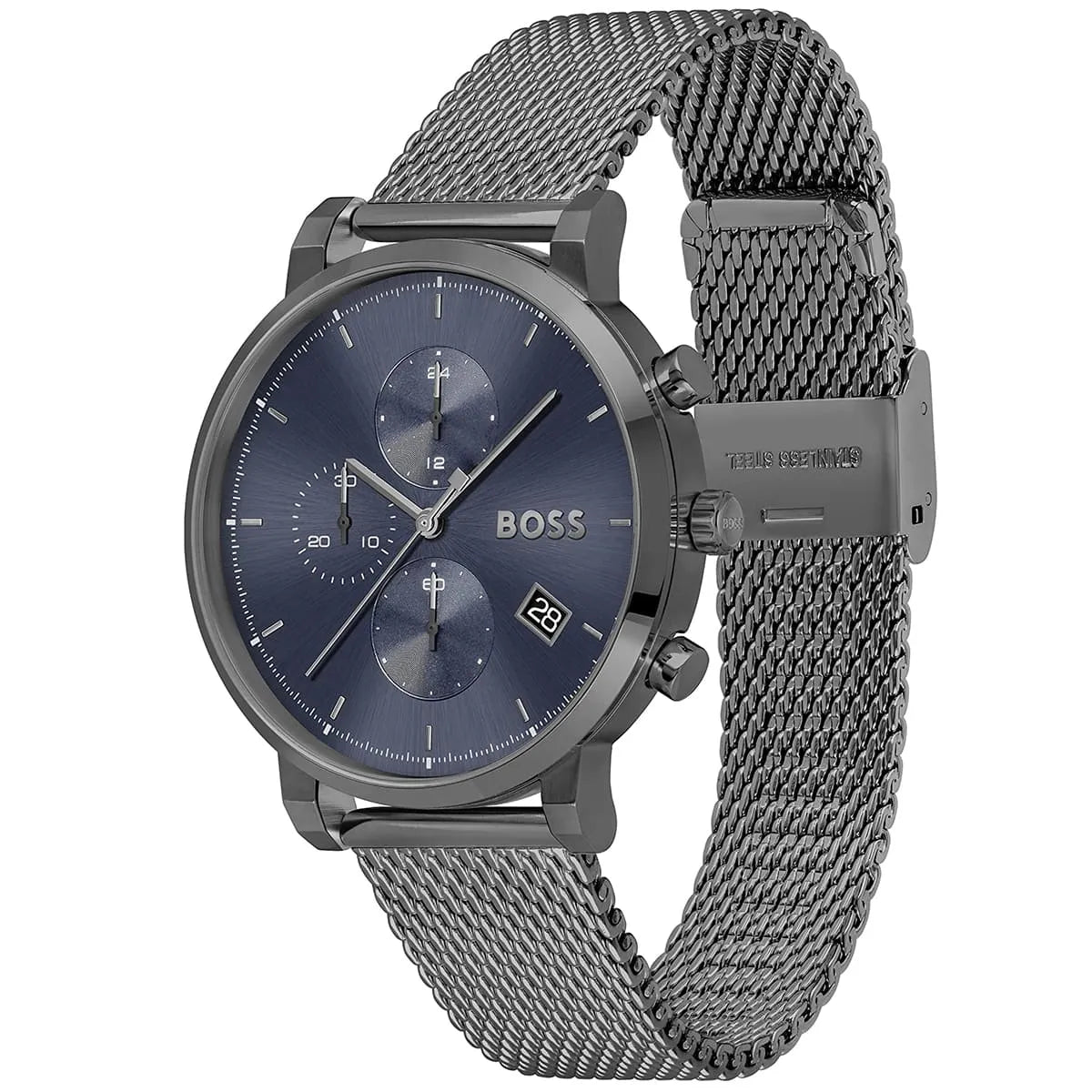 Hugo Boss Integrity grey PVD chronograph watch with mesh bracelet side angle