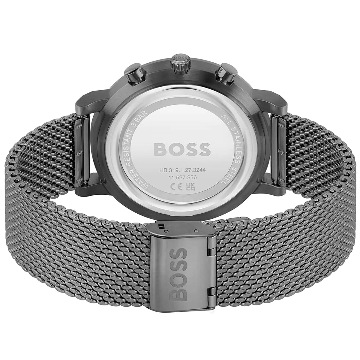 Hugo Boss Integrity watch caseback showing transparent grey case back with BOSS branding
