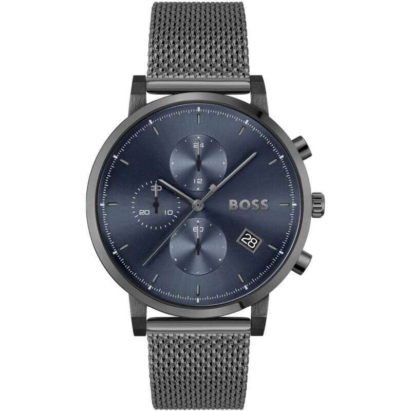 Hugo Boss Integrity chronograph watch with blue dial and grey mesh bracelet