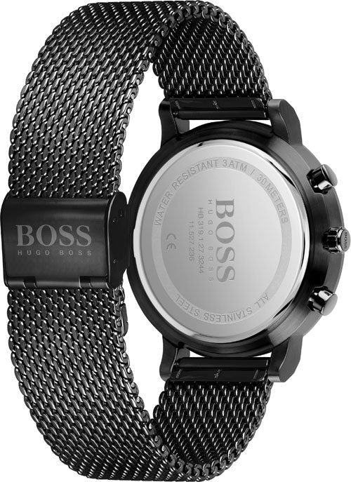 Hugo Boss Integrity watch caseback showing ionic black stainless steel with logo