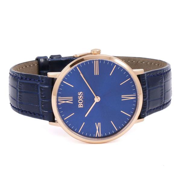 Hugo Boss Jackson watch angled view showing blue dial and croc-textured leather strap