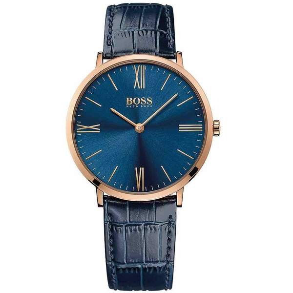 Hugo Boss Jackson watch with blue dial, rose gold case, and navy leather strap