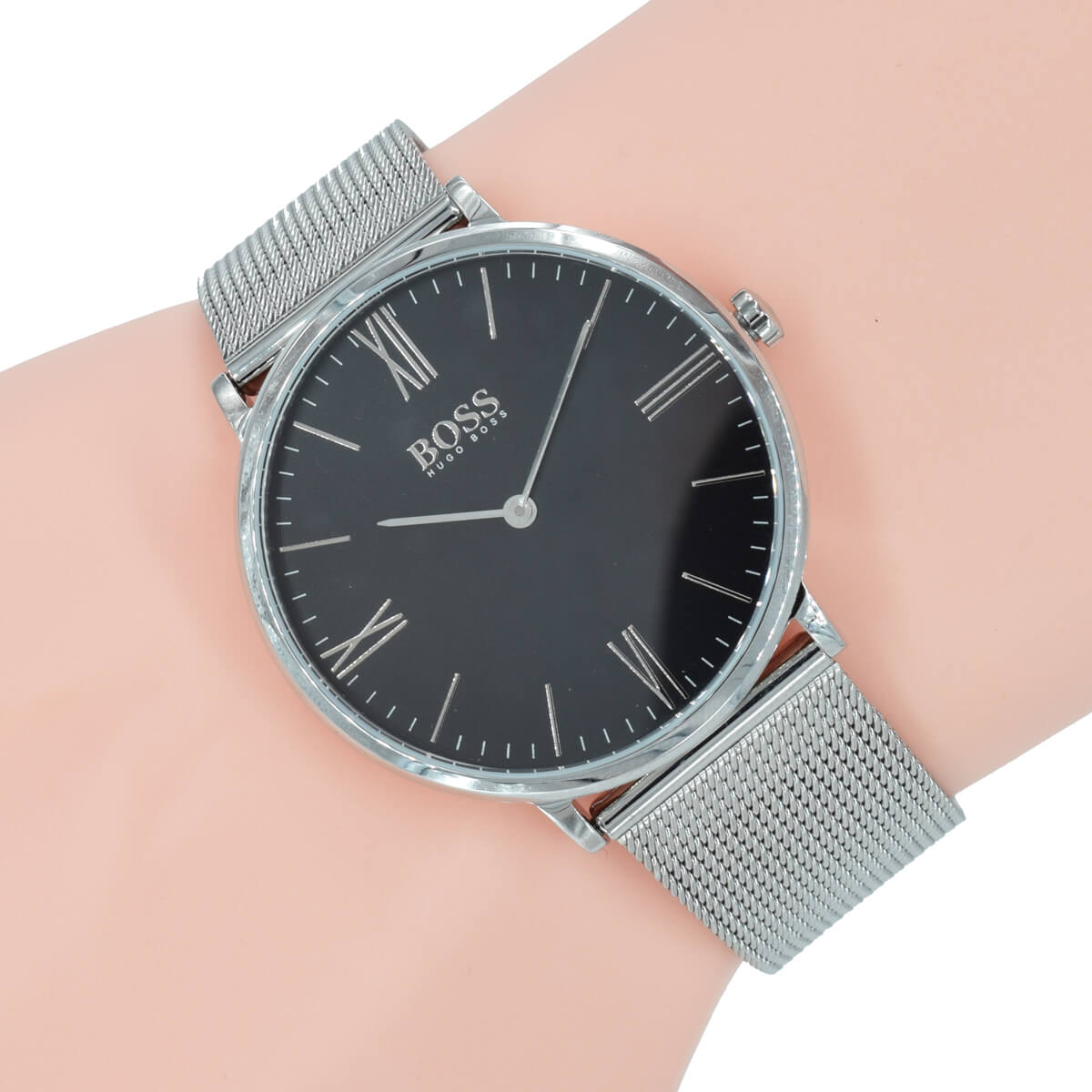 Hugo Boss Jackson watch on wrist showing full face with mesh band